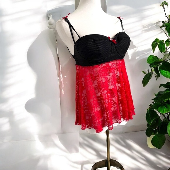 Vintage Y2K Red & Black Lace Babydoll Lingerie – Sweetheart Pin-Up Style M - Picture 1 of 7